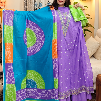 Unstitched Premium Traditional Bandhej Cotton Three-Piece Suit - Lavender & Sky Blue